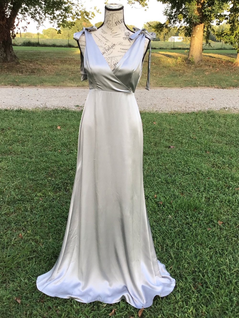 Reformation Silver Siena 100% Silk Tie-Shoulder V-Neck Maxi Dress Gown